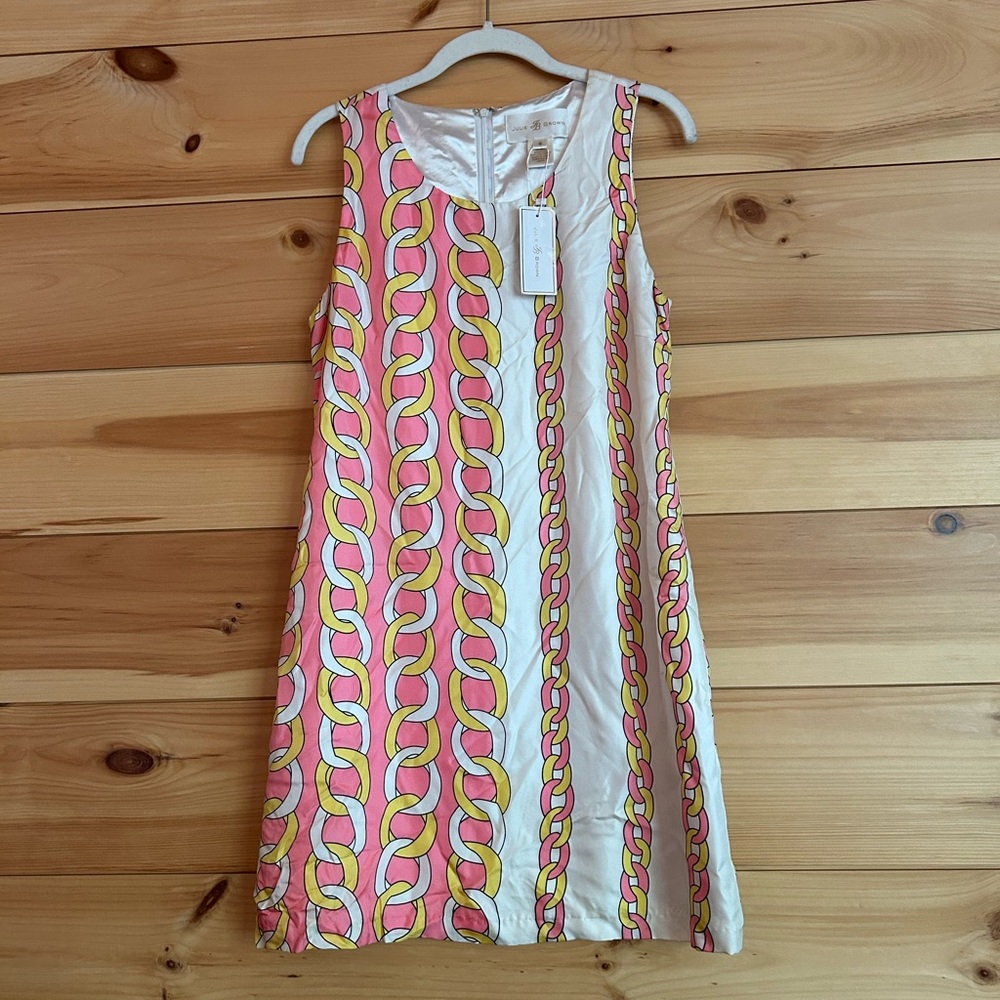 JB by Julie Brown Leah 100% Silk Pink and Yellow Chain Print Dress
